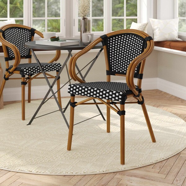 Flash Furniture Bordeaux French Bistro Stacking Chair w/Arms, Black and White PE Rattan and Bamboo Print Alum Frame SDA-ADS642142-BKWH-NAT-GG - main